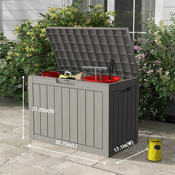 Mars Villa Deck Box, Waterproof Weatherproof and UV Resistant Resin Storage Box, Ideal for Indoor, Outdoor, Patio Furniture Cushions, Pool Supplies, Gardening Tools (45 Gallon, Light Brown)