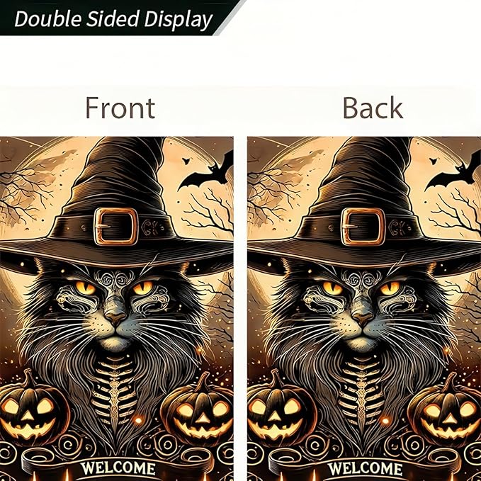Halloween Garden Flag - Cat Witch Hat, 12x18 Inch Double-Sided Vertical Fall Holiday Outdoor Decorative Flag for Porch, Lawn, Garden