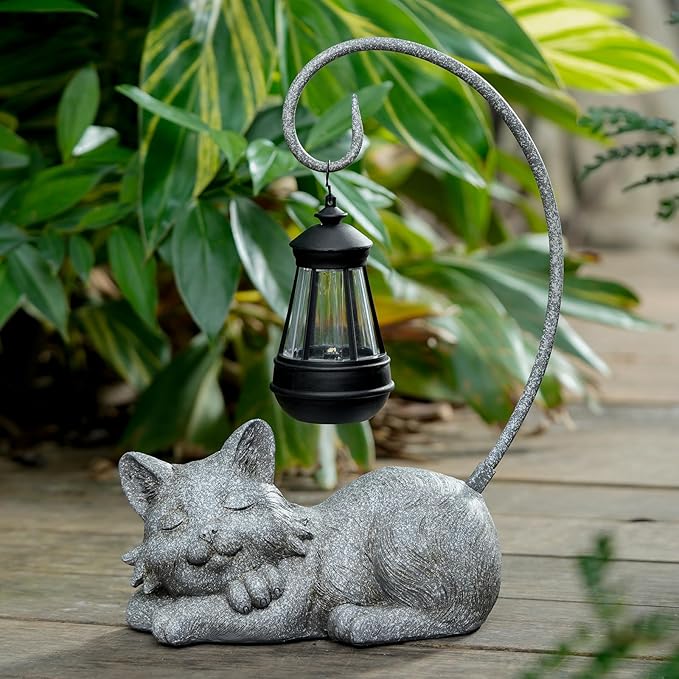 Outdoor Cat Figurine Garden Statue with Solar-Powered LED Light 13.77 Inches Tall Gift Garden Statue Decor for Cat Lovers Marbled