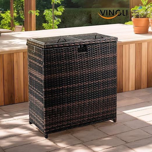 VINGLI 72 Gallon Outdoor Trash Can with Convenient Lid, Rattan Garbage Container with Side Hook, Weatherproof Patio Trash Can for Graden, Yard, Patio, Brown