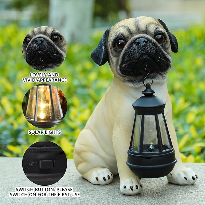 Garden Dog Statues Outdoor Decor, Solar Lights Outdoor Pug Figurines Solar Dog Ornaments for Patio, Lawn, Yard Art Decoration, Housewarming Garden Gift
