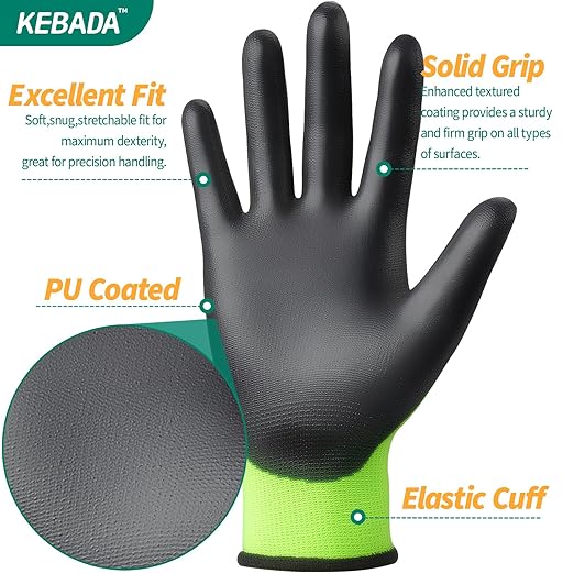 Kebada W1 Work Gloves for Men and Women, Touchscreen PU Coated Gloves with Grip, 50 Pairs Bulk Pack, Ideal for Warehouse Package Handling, Construction, Gardening, Green XX-Large