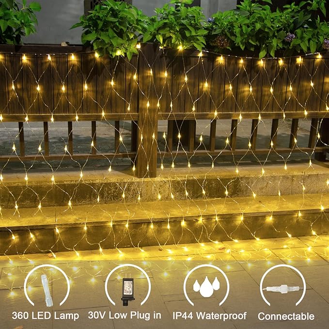 360 LED Net Lights, 21ft x 5ft Christmas Mesh Lights Clear Wire 8 Modes, Waterproof Connectable String Light Plug in for Xmas Tree Bushes Garden Outdoor Party Decorations - Warm White