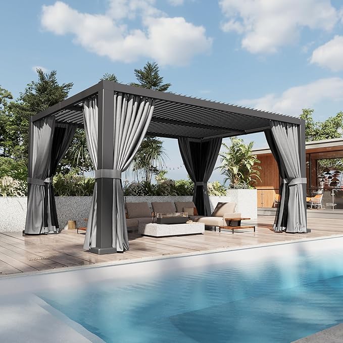 Aoxun Louvered Pergola 12' x 16' Outdoor Aluminum Pergola with Adjustable Top for Decks, Gardens and Backyards, Gray