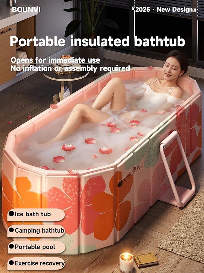59''Portable insulated bathtub, Ice Bath Tub for Athletes, Inflation-free bathtub for shower, Ice Plunge Tub with Cover, Baths at Home & Outdoor