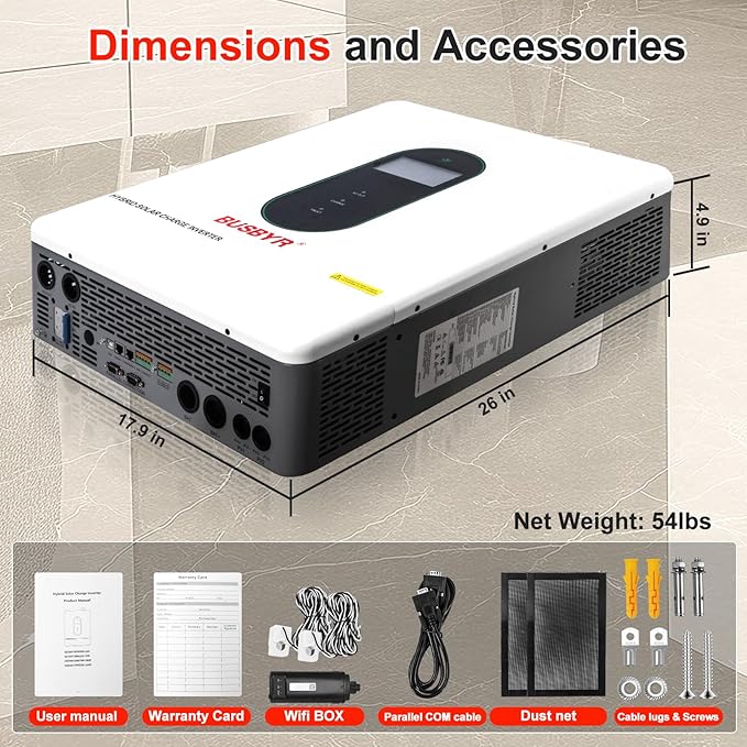 12000W Hybrid Solar Inverter 48V DC to 110V/120V AC Pure Sine Wave, 240V Split Phase, 200A MPPT Controller, Supports Grid-Tie/Off-Grid, Battery & Solar Charging for Home, RV, Backup Power