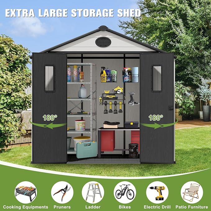 COOS BAY 8x6 Outdoor Resin Storage Shed with Floor, 2 Lockable Doors, All-Weather Durable Garden Shed for Tools & Equipment, White/Gray