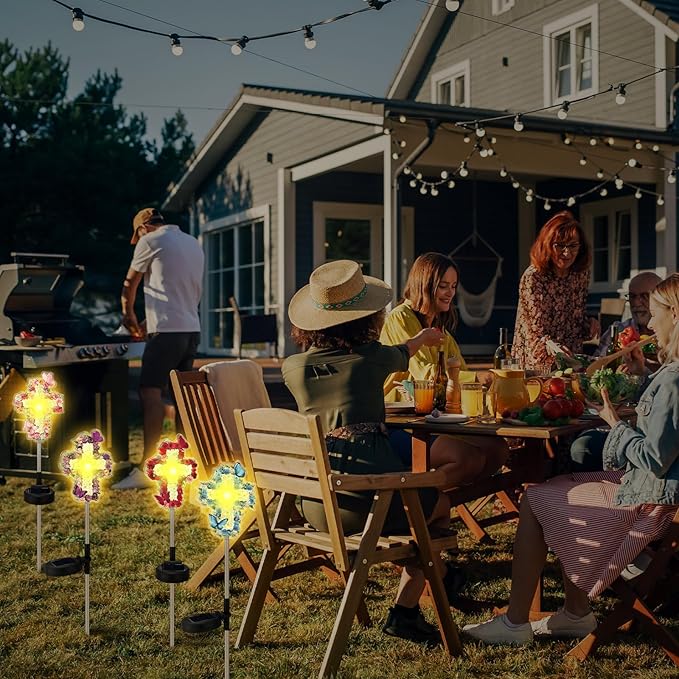 Retisee 4 Pack Halloween Decoration Flowers Cross Garden Stake Solar Lights Outdoors Cemetery Yard Decor Jesus Cross Sympathy Memorial Gift Waterproof for Garden Lawn Patio Pathway Decor