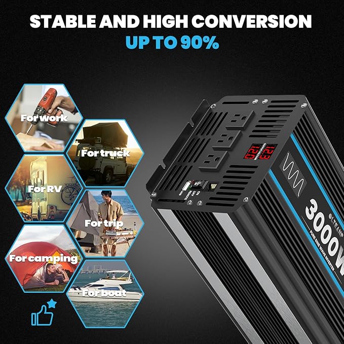 3000W Power Inverter Pure Sine Wave Inverter 12V DC to 110V AC Car Inverter with USB Ports,3 AC Outlets, LCD Display, Remote Controller for Car, Truck, Home, Vehicles, Boat, Power Outage