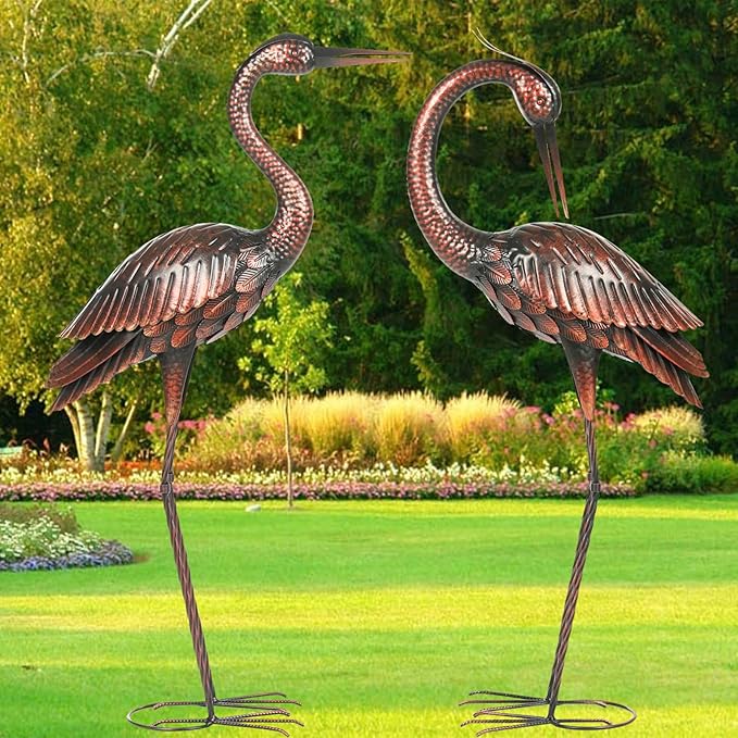 Kircust Crane Garden Sculptures & Statues Heron Decoy Large Size Metal Birds Yard Art Standing Vintage Brass Heron Lawn Ornament Outdoor Decorations 37 Inches Set of 2
