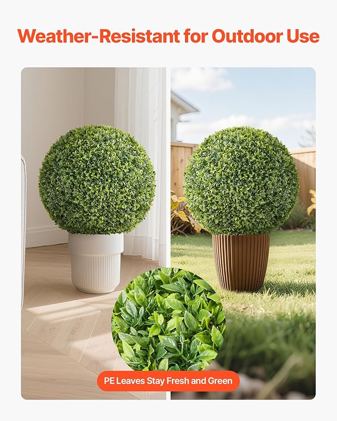 VEVOR Artificial Topiary Ball, 23 inch Faux Boxwood Plant Balls, Fake Silk Tree Look Real, Easy Assembly for Decor Front Porch Outdoor Patio Garden Balcony Backyard and Indoor Home Wedding, Green