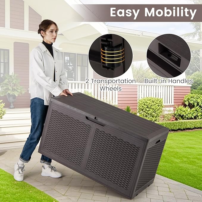 RELAX4LIFE 100-Gallon Resin Deck Box - Waterproof Outdoor Storage Box Container w/Lockable Lid & Wheels, Faux Rattan Porch Bench for Patio Furniture Cushions, Pool Accessories, Garden Tools (Brown)
