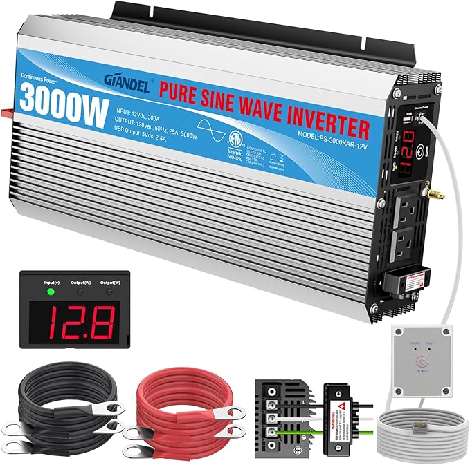 3000Watt Pure Sine Wave Inverter 3000W 12V DC to 110V 120V AC ETL Listed UL458 STD Lithium Battery Compatible with Terminal Block 40Amps and 30FT Wired Remote to Run A/C for RVs Campers,Off Grid Solar