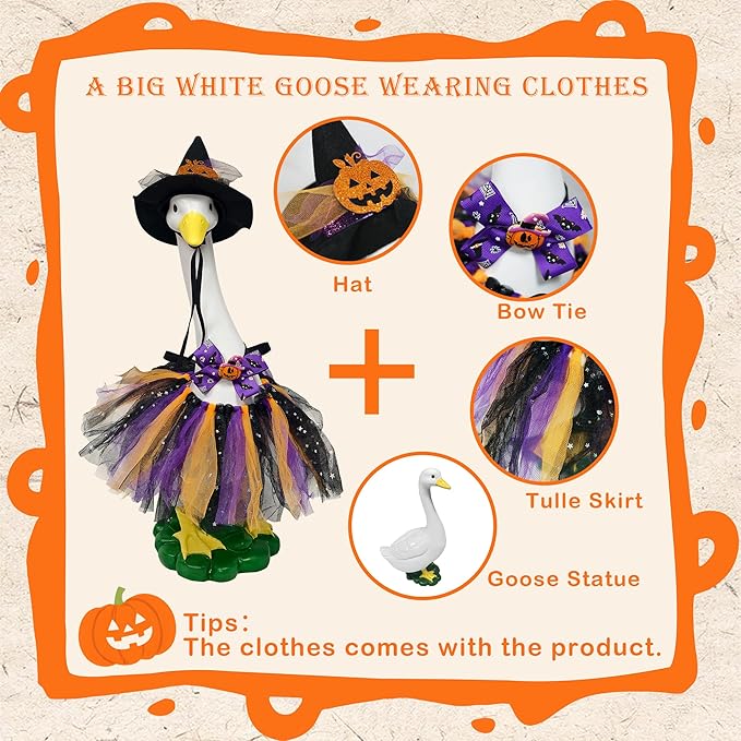 Halloween Porch Goose Statues with Outfits Decor - 20" Big White Goose Resin Figurine, Autumn Halloween Goose Outfits with Hat Bow Tie for Party Decoration, Porch, Yard, Patio, Lawn,Women/Girl Gift