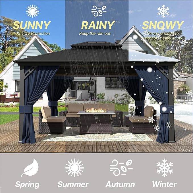 Gotland 12' x 14' Navy Hardtop Gazebo with Curtains and Netting, Double Roof Iron Metal Pergola for Patio, Garden, Lawn