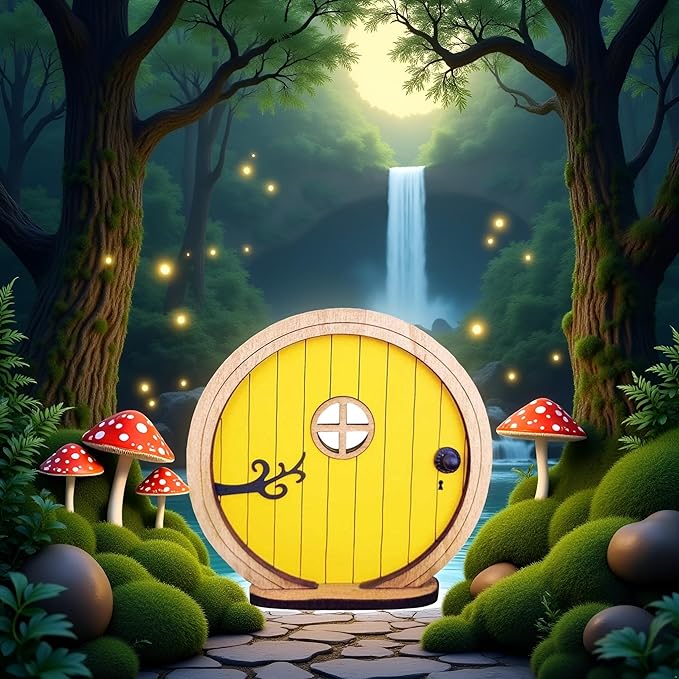 1Pc Fairy Garden Door for Tree, Fairys Doors for Trees Outdoor and Tree Trunk, Mini Fairy Garden Sculpture Lawn Ornament Decor, Fairytales Door Decoration，Gardens Miniatures (Yellow)