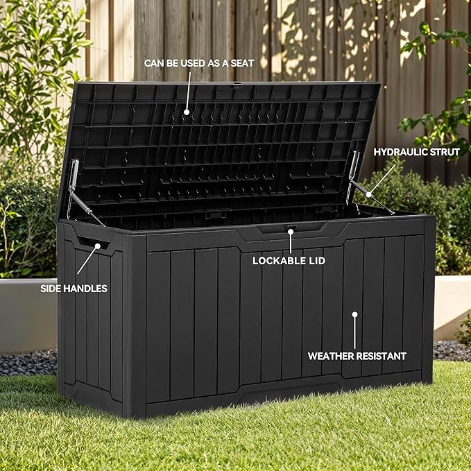 YITAHOME 100 Gallon Resin Deck Box, Weather Resistant Outdoor Storage Box, Lockable Indoor Outdoor Storage for Supplies and Essentials, Black
