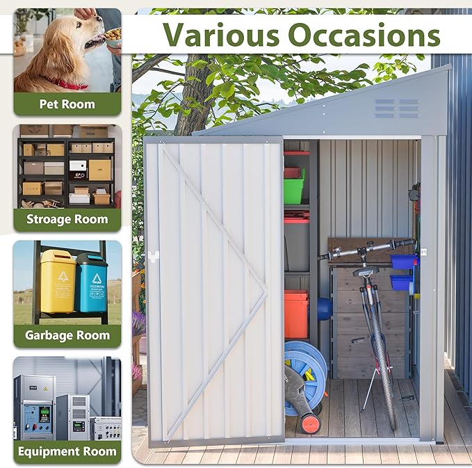 4x8 FT Outdoor Storage Shed,Lean to Lockable Metal Garden Shed Steel with Reinforced Beams,All Weather Waterproof Storage House W/Lockable Door&2 Air Vents,for Backyard,Patio,Lawn,Garden,Gray