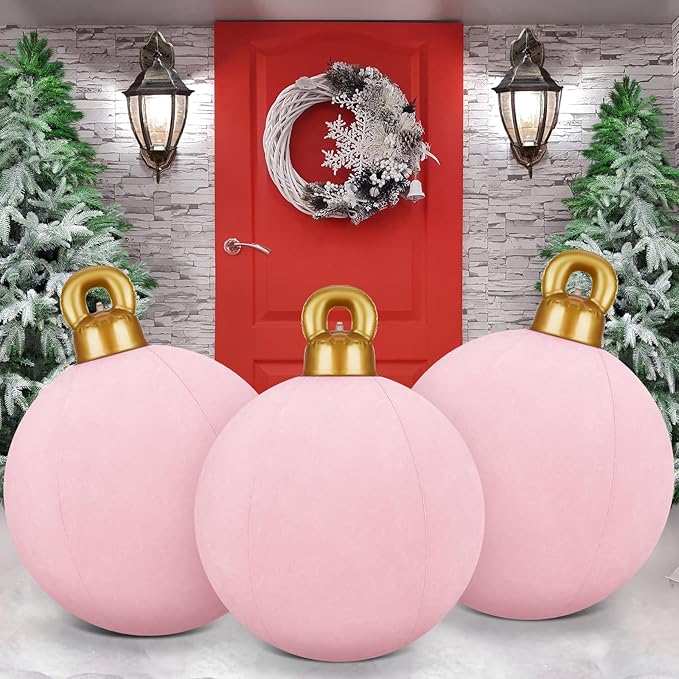 Jetec 3 Pcs 32 Inch Giant Velvet Christmas Inflatable Balls Ornament Flocked Xmas PVC Inflatable Flocked Ball Ornaments for Christmas Holiday Outdoor Blow up Yard Decor(Pink)