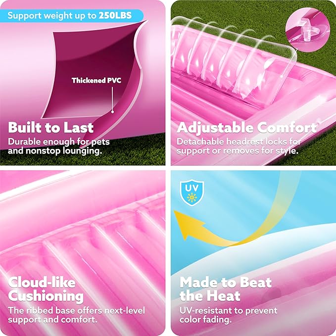 SLOOSH Inflatable Tanning Pool Lounger Float, 70" x 46" Pool Floats Adult with Pillow, 4 in 1 Suntan Tub Raft Floatie,Sunbathing Bed Lounge for Water Blow Up Kids Ball Pit Party Gifts, L-Pink