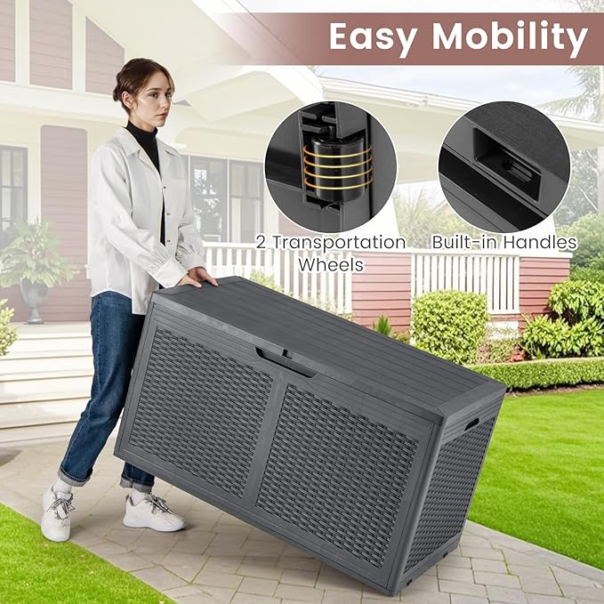 RELAX4LIFE 100-Gallon Resin Deck Box - Waterproof Outdoor Storage Box Container w/Lockable Lid & Wheels, Faux Rattan Porch Bench for Patio Furniture Cushions, Pool Accessories, Garden Tools (Grey)