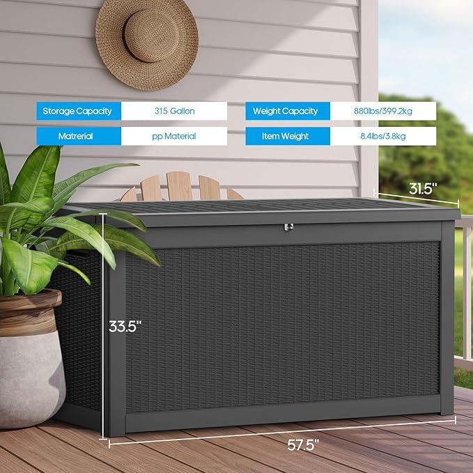 ROJIK Outdoor Storage Housing Deck Box - Waterproof Patio Furniture, Garden Tools, Cushions, Pool Accessories Storage Bench with Lockable Lid and Side Handles (Black, 315 Gal)