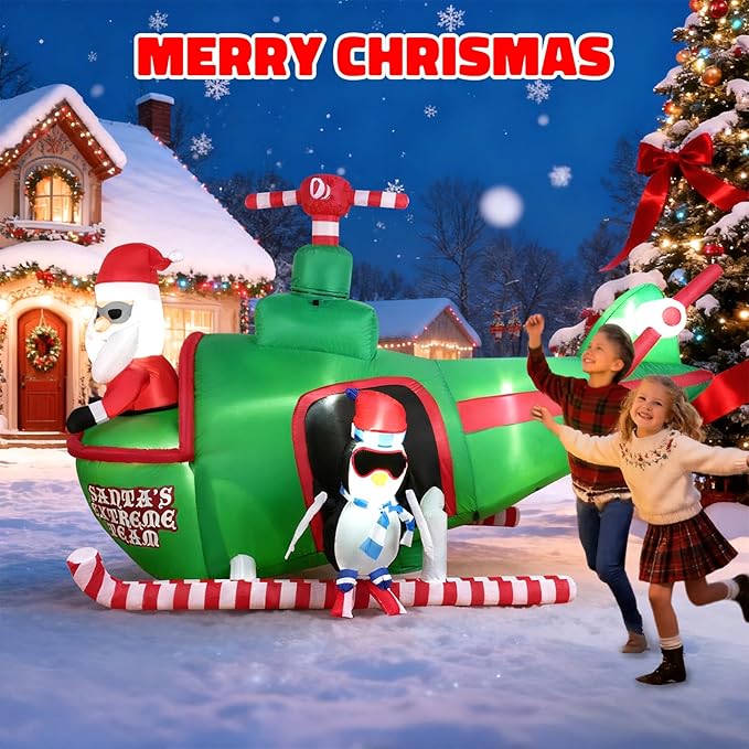HFO 8ft Wide&5.5ft Tall Christmas Inflatable Outdoor Decorations, Blow up Yard Decor with Santa Claus to Fly a Helicopter with a Penguin, Bright LED Lights Christmas Outdoor Decorations