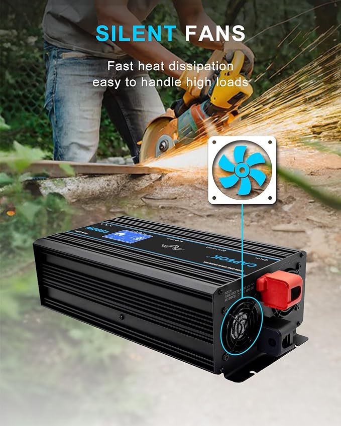 1500W Pure Sine Wave Inverter DC 12V AC 120V Double LCD Screen Remote Control Power Inverter 30W USB-C 4AC Outlets for RV, Home, Solar System
