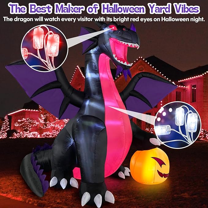 Danxilu 9FT Halloween Inflatable Dominating Dragon with Pumpkin Outdoor Decoration, Blow Up Yard Decoration with LED Lights Spooky for Halloween Fun Holiday Party Yard Garden Lawn Decor