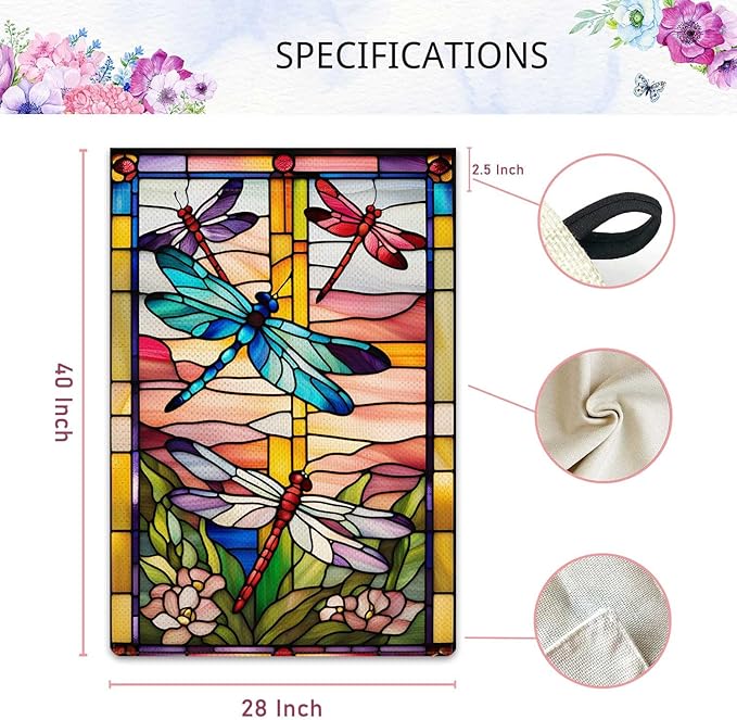 Spring Summer Dragonfly Garden Flag Stained Glass Style Flowers Garden Flag Vertical Double Sided Rustic Farmland Burlap Yard Lawn Outdoor Decor 28x40"