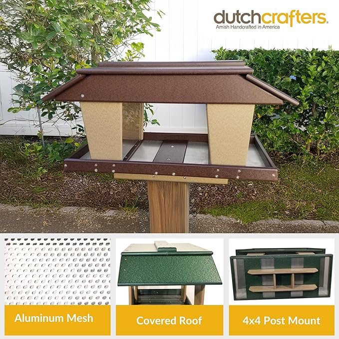 DutchCrafters Poly Post Mount Extra Large Double Hopper Bird Feeder, Outdoor Wild Bird Feeder for Outside, USA Amish Made (Turf Green & Cedar)