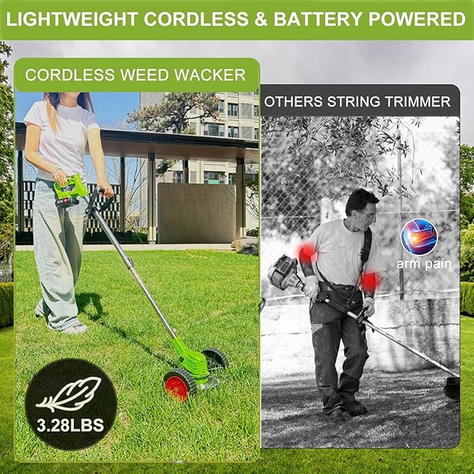 Electric Weed Wacker Eater Battery Powered, Cordless 21V Weed Trimmer with 2 Battery Operated & Charger & Wheels & Shears, 3 in 1 Lightweight Grass Trimmer/Edger/Brush Cutter for Garden Yard Lawn