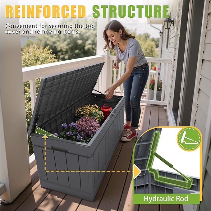 Greesum 82 Gallon Resin Deck Box Large Outdoor Storage for Patio Furniture, Garden Tools, Pool Supplies, Weatherproof and UV Resistant, Lockable, Gray