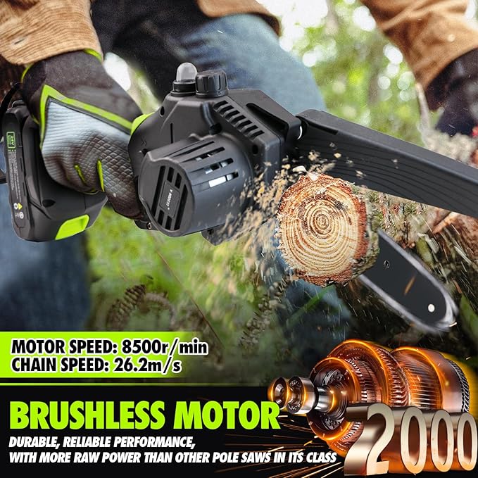 2-in-1 Cordless Pole Saw, 6 Inch Brushless Pole Chainsaws Mini Handheld Chainsaw with 2× 21V Batteries, 6.5lb Lightweight, Auto Oiling, 15 FT MAX Extension Pole Saws for Tree Trimming