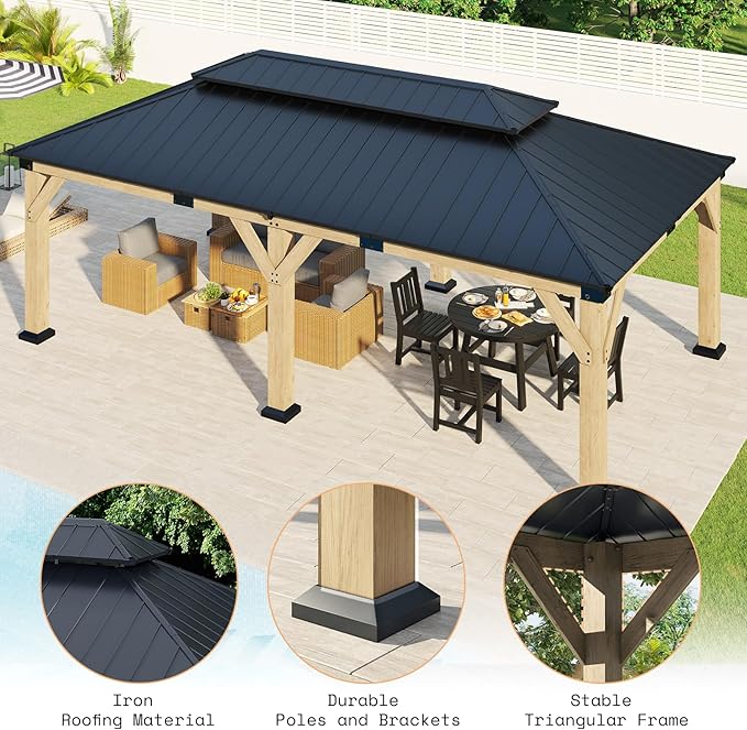 AMERLIFE 12x20 ft Hardtop Gazebo, Spruce Wood Gazebo with Iron Double Roof, Outdoor Pergola with Wood Frame for Garden, Porch, Patio, Charcoal Gray + Brown Gray