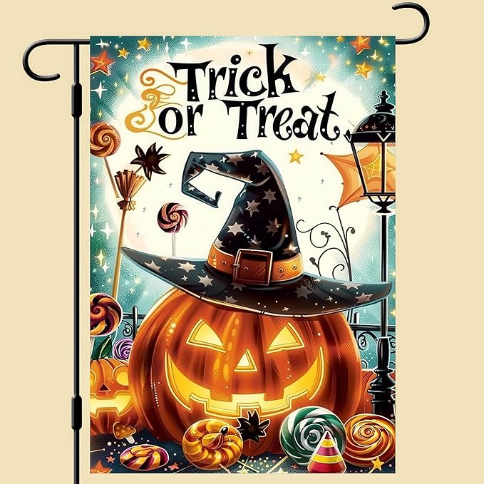 Halloween Garden Flag 12x18 Double-Sided Witch Hat Trick or Treat Pumpkin Garden Flag Yard Décor Holiday Seasonal Outdoor Banner Lawn Fall Decoration Yard Flag