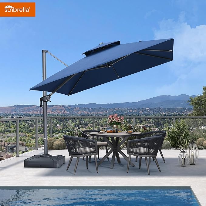 PURPLE LEAF Cantilever Umbrella with Base Included 10 Feet Outdoor Double Top Large Offset Hanging 360° Rotation Heavy Duty Square Umbrella for Garden Patio Deck Pool Spectrum Indigo