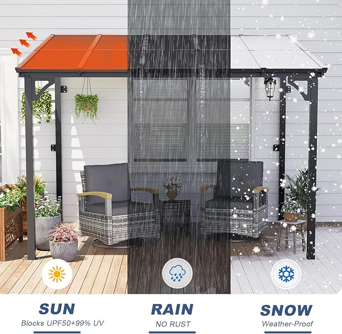 MEISSALIVVE 8' x 10' Wall Mounted Lean to Metal Awnings with Sloped Roof, Outdoor Patio Gazebo Awning for Backyard, Deck, Black