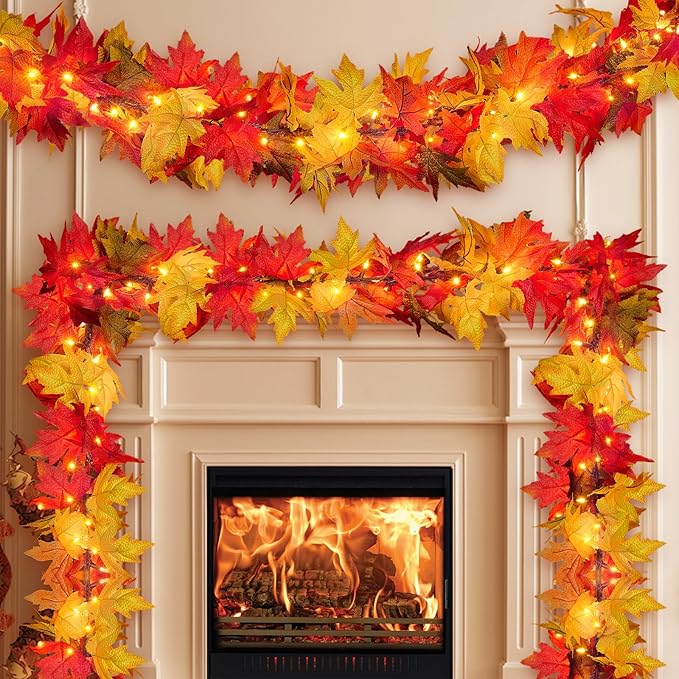 Fall Decorations for Home Large Maple Leaves 9Ft Plug in Fall Lights with 50 Orange Bulbs UL Certified Connectable Fall Decor Garland for Indoor Outdoor Halloween Thanksgiving Harvest Decorations