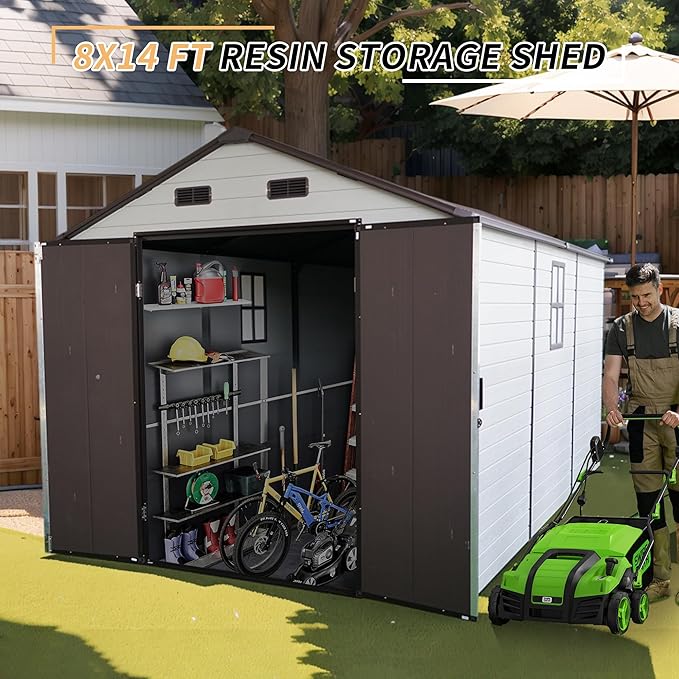 LANTRO JS Outdoor Storage Shed, 8x14x7.6FT Plastic Storage Shed with 2 Windows and Strong Aluminum Frame for Garden Tools, Bike, Lawnmower, White and Brown