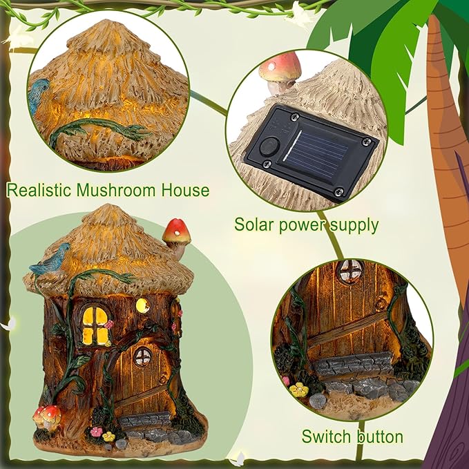 Leyndo 28 Pcs Solar House Garden Accessories Fairy Light up Fairy Figures Garden Kit Resin Miniature Mushroom House Figures Micro Landscape Ornaments(Retro)