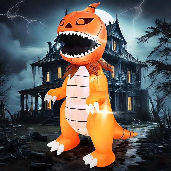 DearSun 8FT Giant Halloween Inflatable Pumpkin Dinosaur with LED Lights Outdoor Decoration Large Party Yard Decoration (Giant Pumpkin Dinosaur)