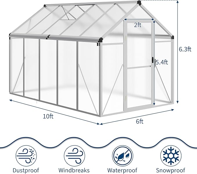 6x10 FT Greenhouse, Easy Assembly Aluminum Polycarbonate Greenhouses for Outdoors with Roof Vent and Ground Nails, Heavy Duty Aluminum Walk-in Greenhouse for Backyard, Sliding Lockable Door, Silver