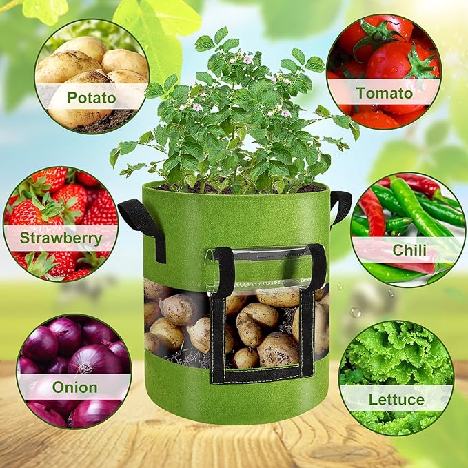 Visible Tomato/Strawberry/Sweet Potato/Carrot/Potato Grow Bags 7 Gallon 3-Pack, Heavy Duty Thickened Aeration Nonwoven Fabric Pots with Handles, Come with 3-Pcs Plant Labels&Lens Hoods