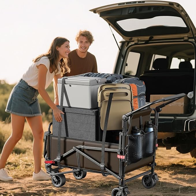 LEVELEVE Heavy Duty Folding Wagon-2-in-1 Collapsible Cart, 400lb Capacity, All-Terrain Wheels w/Brakes & Side Pockets