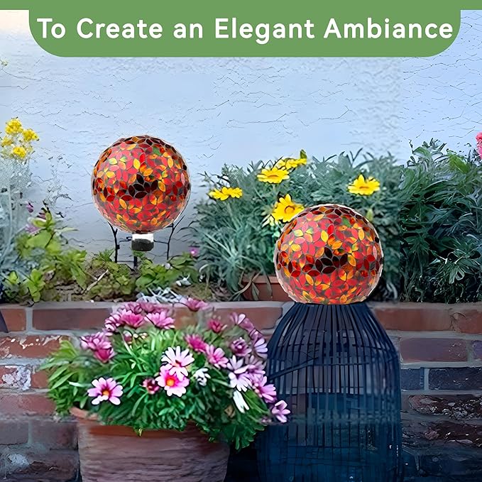 Lily's Home Colorful Mosaic Glass Gazing Ball, Designed with a Stunning Holographic Petal Mosaic Pattern to Bring Color and Reflection to Any Home and Garden, Red and Gold (10" Diameter)