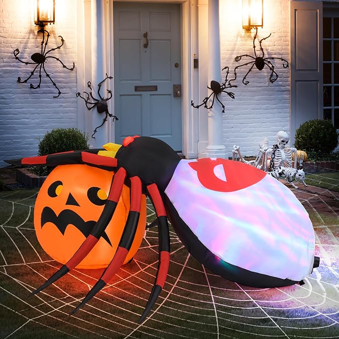 Goplus 5 Ft Length Halloween Inflatables, Spider Outdoor Decoration with Pumpkin, Magic Disco Light, Shimmering Red Eyes, Built-in LED Lights, Blow up Yard Decoration for Party, Yard, Lawn, Patio