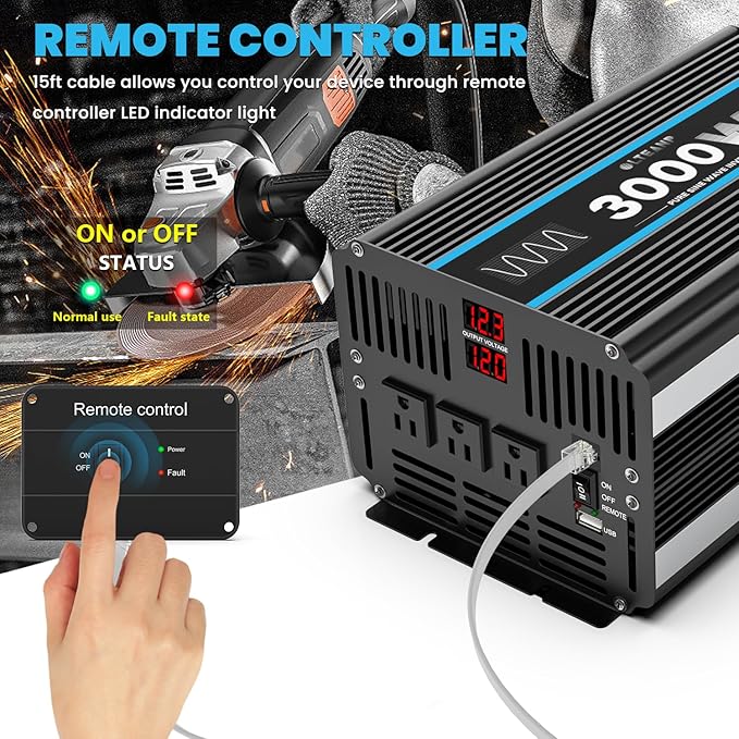 3000W Power Inverter Pure Sine Wave Inverter 12V DC to 110V AC Car Inverter with USB Ports,3 AC Outlets, LCD Display, Remote Controller for Car, Truck, Home, Vehicles, Boat, Power Outage