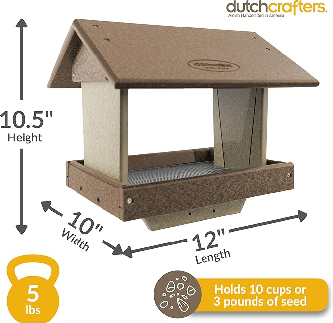 DutchCrafters Poly Large Hopper Bird Feeder Post Mount for 4" x 4", Wild Songbird Bird Seed Feeder for Outdoor, Outside, Garden, Yard - Amish Made in USA (Post Mount, Tudor Brown & Weatherwood)