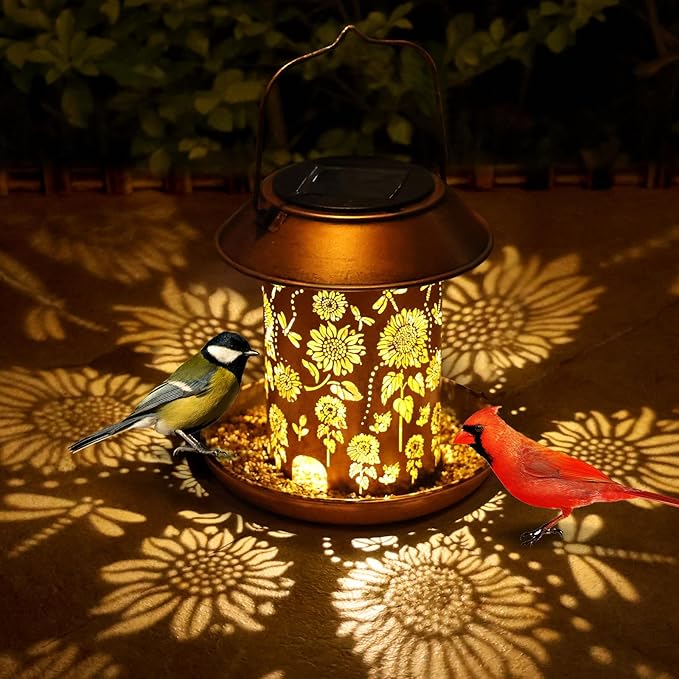 Solar Bird Feeders Outdoors Hanging Solar Lanterns Outdoor Waterproof Metal Wild Bird Feeder Decor Garden Gifts for Women Mom Bird Lovers,Decoration for Yard,Patio,Lawn